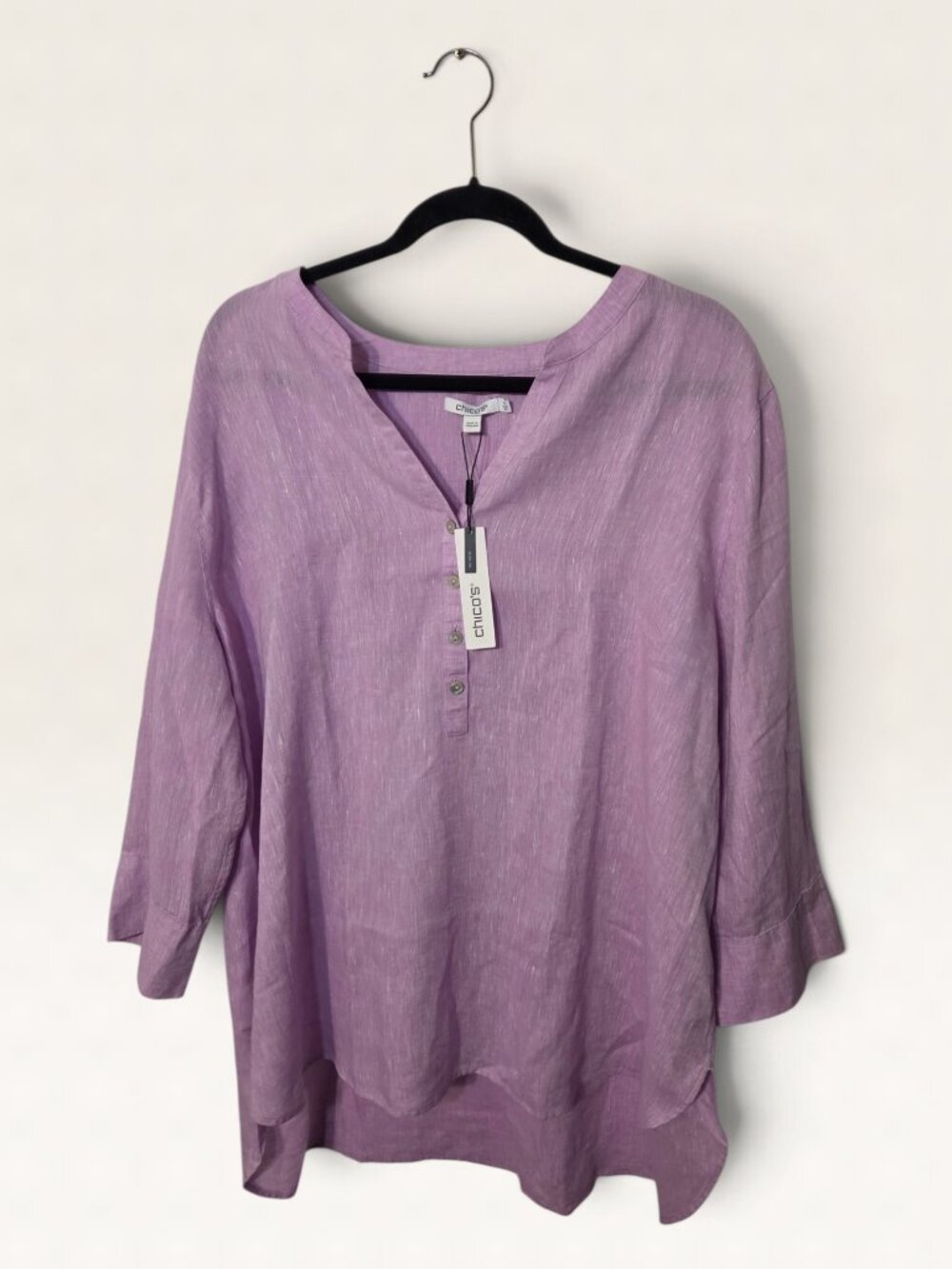 NWT Chicos No Iron 100% Linen Tunic Blouse Lavender Skies Size 4 US 20